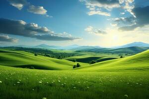 Sunlit meadow and rolling hills forming a serene natural. Generative AI photo
