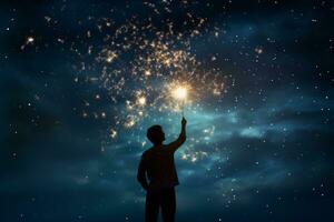 A man standing in front of a sky filled with stars. Generative AI photo