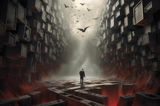 A man standing in a room filled with lots of boxes. Generative AI photo