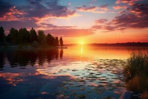 Peaceful lake at sunset. Generative AI photo