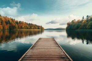 Tranquil Lake Scene with Wooden Jetty. Generative AI photo