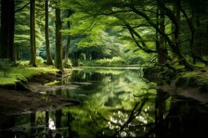 río corriendo mediante un lozano verde bosque. generativo ai foto