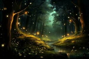 pintura de un bosque con luciérnagas generativo ai foto