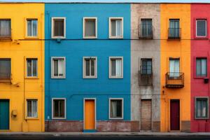 un fila de multicolor edificios en un ciudad calle. generativo ai foto