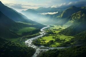 verde Valle con un serpenteante río. generativo ai foto