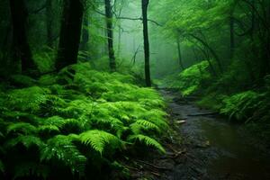 Path through a lush green forest filled with ferns. Generative AI photo