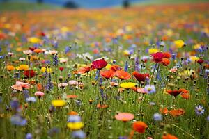 Vibrant wildflowers carpeting the meadow. Generative AI photo