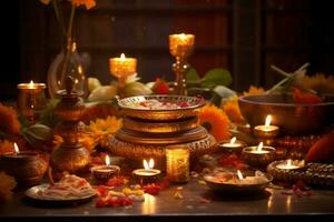 Table topped with lots of different types of candles. Generative AI photo