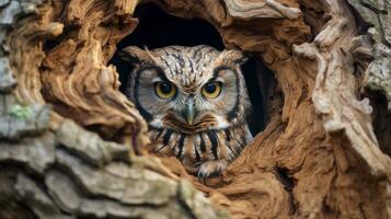 Owl peering out of a hollow in a tree. Generative AI photo