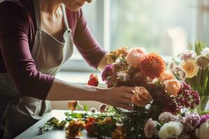 Woman's hands arranging fresh flowers. Generative AI photo