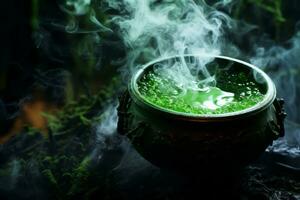 Witch's cauldron emitting green smoke.. Generative AI photo