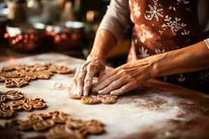 Woman's hands making a gingerbread cookie. Generative AI photo