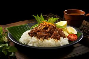 rendang padang cocina servido con humeante arroz ai generativo foto