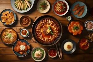 Asian Traditional Dishes on Wooden Table AI Generative photo