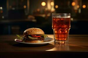 A burger on plate with cola drink AI Generative photo