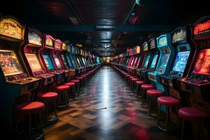 1980s arcade machine with rows of vintage game machine AI Generative photo