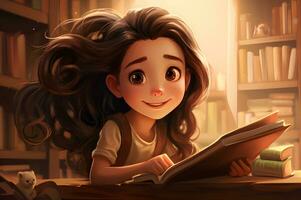 linda niña leyendo literatura en biblioteca ai generativo foto