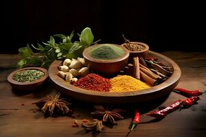 Spices and herbs on top of wooden table AI Generative photo