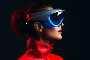 mujer vistiendo futurista vr gafas ai generativo foto