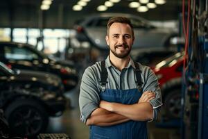 Photo of a mechanic man in a car repair shop AI Generative