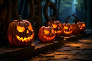 Glowing spooky pumpkin lantern light up AI Generative photo