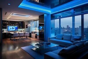 Modern luxury apartment with bright blue light AI Generative photo