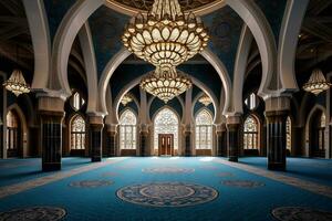 View of inside mosque with a large carpet AI Generative photo