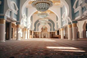 ver de dentro mezquita con un grande alfombra ai generativo foto