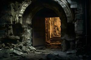 Spooky old doorway leads to abandoned dungeon AI Generative photo