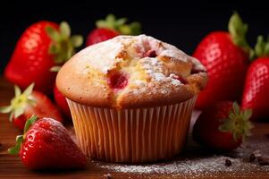 Freshly baked strawberry muffin AI Generative photo