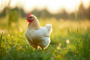 Disparo de pollo en verde campo ai generativo foto