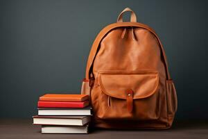 School bag and stacked of book AI Generative photo