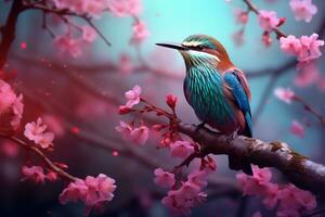 AI Generative bird perched on a branch of a cherry blossom tree photo