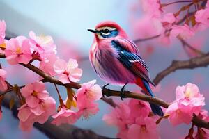 AI Generative bird perched on a branch of a cherry blossom tree photo