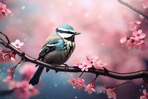 AI Generative bird perched on a branch of a cherry blossom tree photo