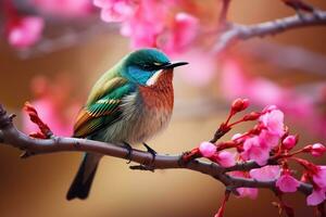 AI Generative bird perched on a branch of a cherry blossom tree photo