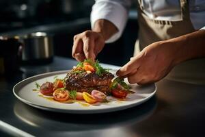 AI Generative chef arranging food on a plate close up shot photo