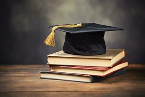 graduación sombrero en parte superior de un apilar de libro ai generativo foto