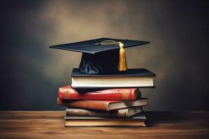 Graduation hat on top of a stack of book AI Generative photo