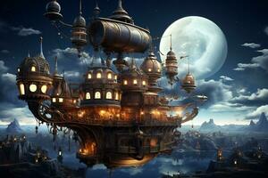 AI Generative Floating steampunk contraptions in a starlit sky photo