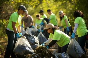 Community volunteers clean up rubbish for a clean environment AI Generative photo