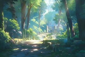 AI Generative image of magical forest scene with lush greenery with anime style photo