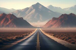 AI Generative Straight road in the desert with mountain backdrop photo