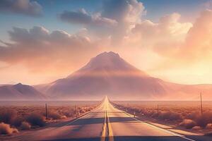 AI Generative Straight road in the desert with mountain backdrop photo