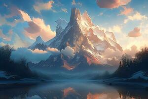 AI Generative Image of the awe inspiring grandeur of mountain in anime style photo