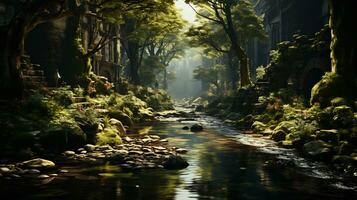 AI Generative magical forest scenes with lush greenery photo