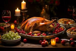 Tradition of a Thanksgiving feast focusing on a beautifully set dining table with turkey photo