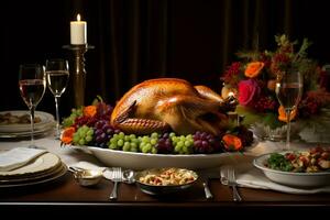 tradicion de un acción de gracias banquete enfoque en un hermosamente conjunto comida mesa con pavo. ai generativo foto