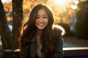 AI Generative beautiful asian woman sits on a park bench in the late afternoon photo