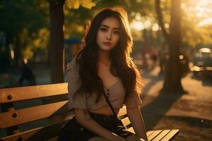 ai generativo hermosa asiático mujer se sienta en un parque banco en el tarde tarde foto